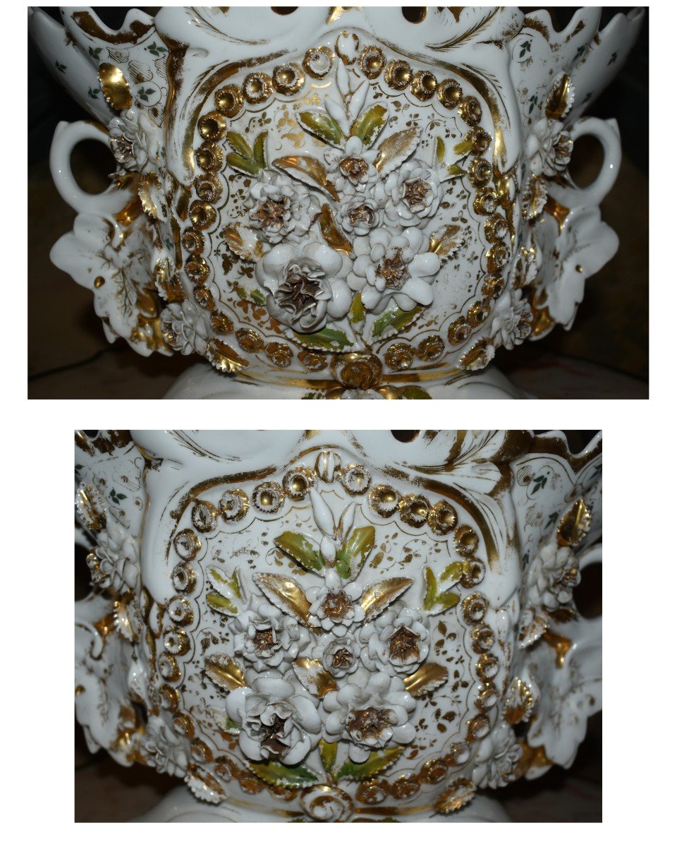 Grande Coupe, Important Vase En Porcelaine De Limoges, Jardinière Napoléon III à Décor En Relief. XIXe.-photo-3