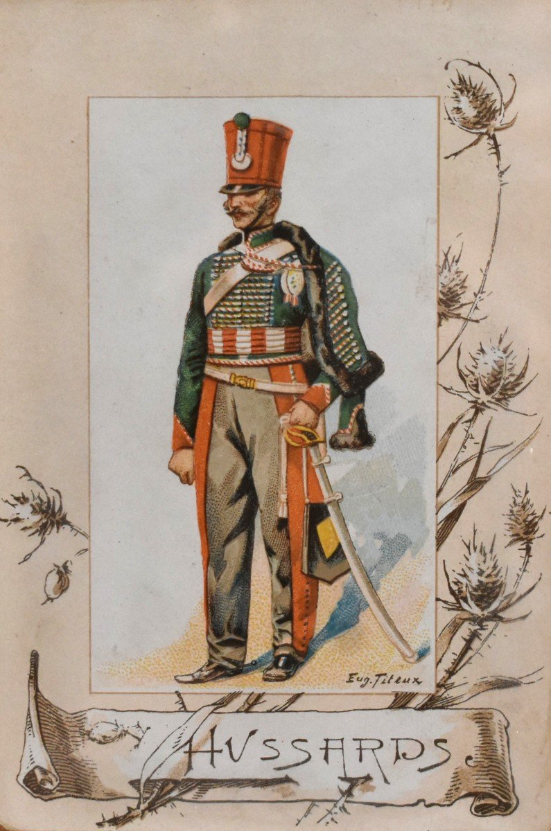 Eugene Titeux (1838-1904) Paire d'Encadrements ,  Vignettes Chromophotographies d'Hussards ,  uniforme militaire du XIXe-photo-2