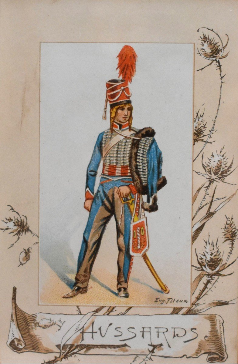 Eugene Titeux (1838-1904) Paire d'Encadrements ,  Vignettes Chromophotographies d'Hussards ,  uniforme militaire du XIXe-photo-3