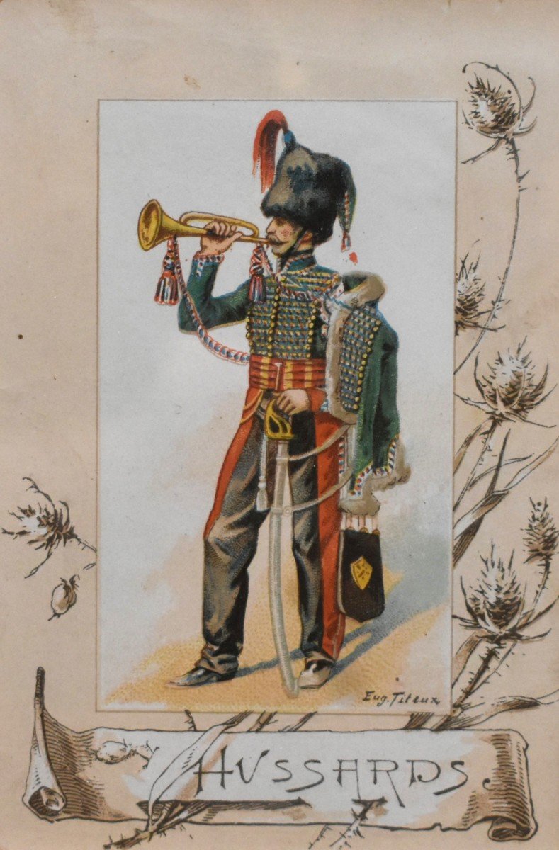 Eugene Titeux (1838-1904) Paire d'Encadrements ,  Vignettes Chromophotographies d'Hussards ,  uniforme militaire du XIXe-photo-4