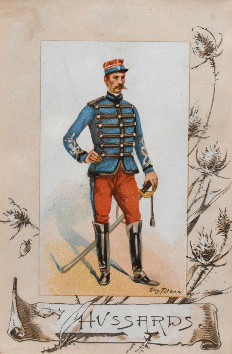 Eugene Titeux (1838-1904) Paire d'Encadrements ,  Vignettes Chromophotographies d'Hussards ,  uniforme militaire du XIXe-photo-1