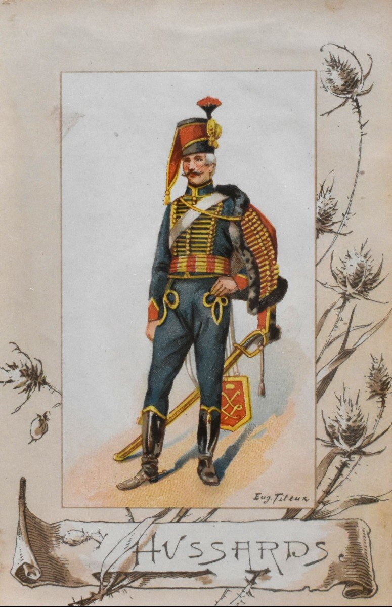 Eugene Titeux (1838-1904) Paire d'Encadrements ,  Vignettes Chromophotographies d'Hussards ,  uniforme militaire du XIXe-photo-2