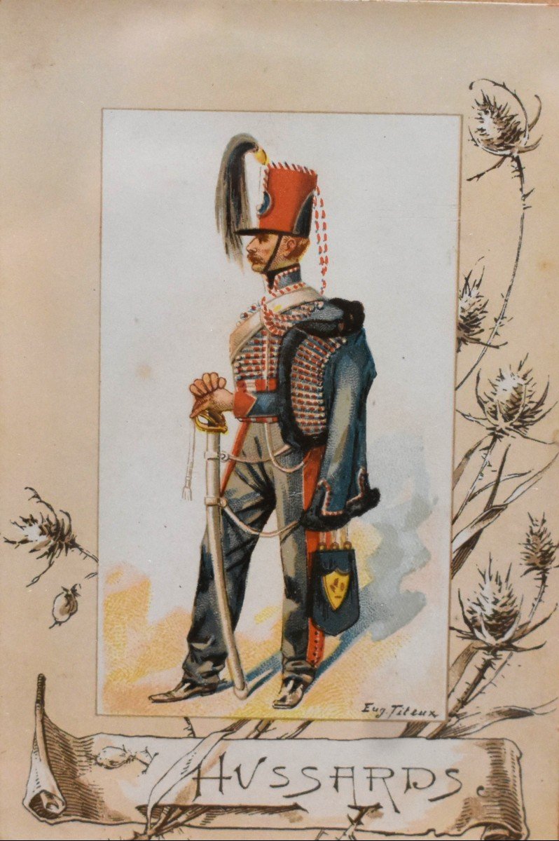 Eugene Titeux (1838-1904) Paire d'Encadrements ,  Vignettes Chromophotographies d'Hussards ,  uniforme militaire du XIXe-photo-4