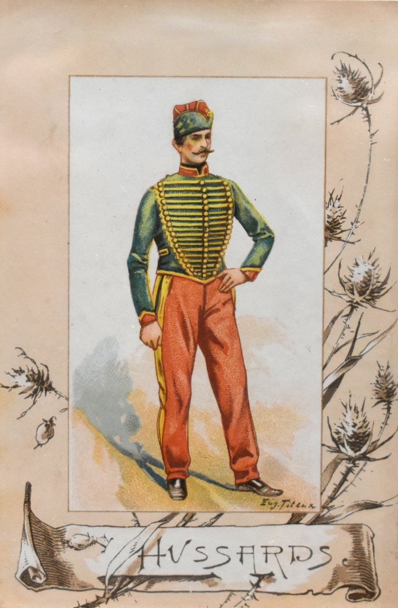 Eugene Titeux (1838-1904) Paire d'Encadrements ,  Vignettes Chromophotographies d'Hussards ,  uniforme militaire du XIXe-photo-5