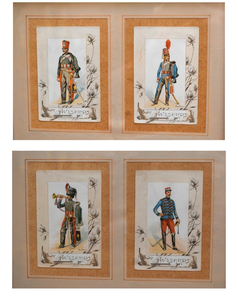 Eugene Titeux (1838-1904) Paire d'Encadrements ,  Vignettes Chromophotographies d'Hussards ,  uniforme militaire du XIXe-photo-6