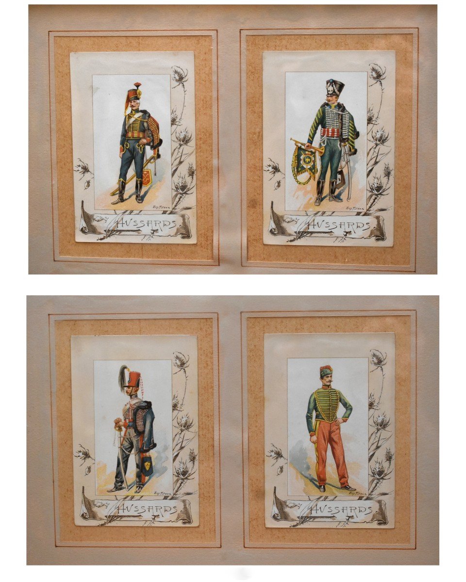 Eugene Titeux (1838-1904) Paire d'Encadrements ,  Vignettes Chromophotographies d'Hussards ,  uniforme militaire du XIXe-photo-7