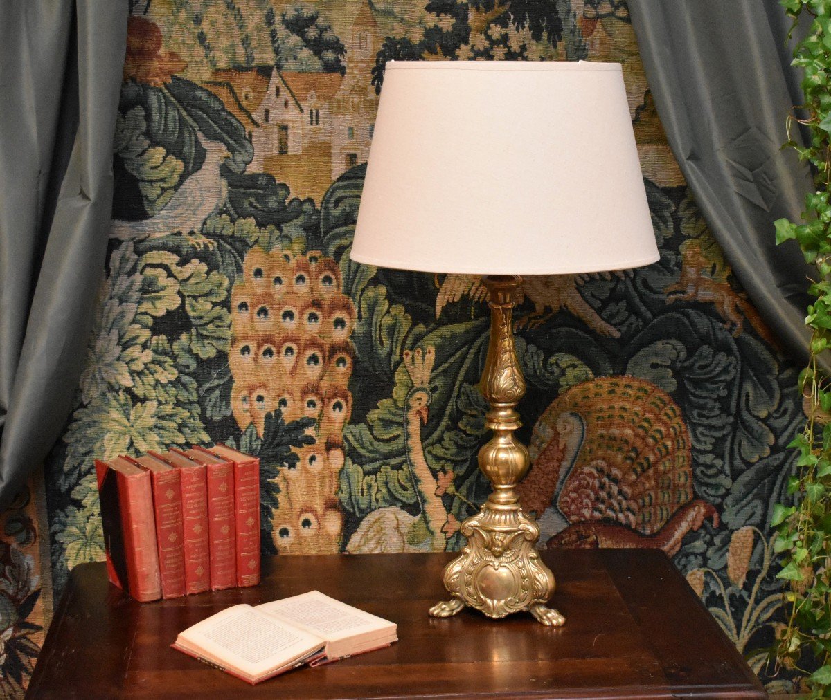 Bronze Candlestick Mounted In Lamp, Cartouche Decor, Winged Angel Head, Acanthus Leaves-photo-4