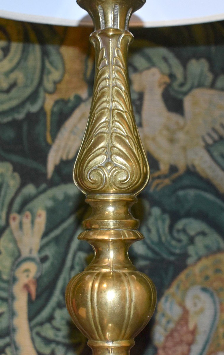 Bronze Candlestick Mounted In Lamp, Cartouche Decor, Winged Angel Head, Acanthus Leaves-photo-2