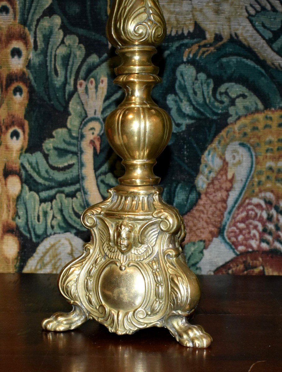 Bronze Candlestick Mounted In Lamp, Cartouche Decor, Winged Angel Head, Acanthus Leaves-photo-3