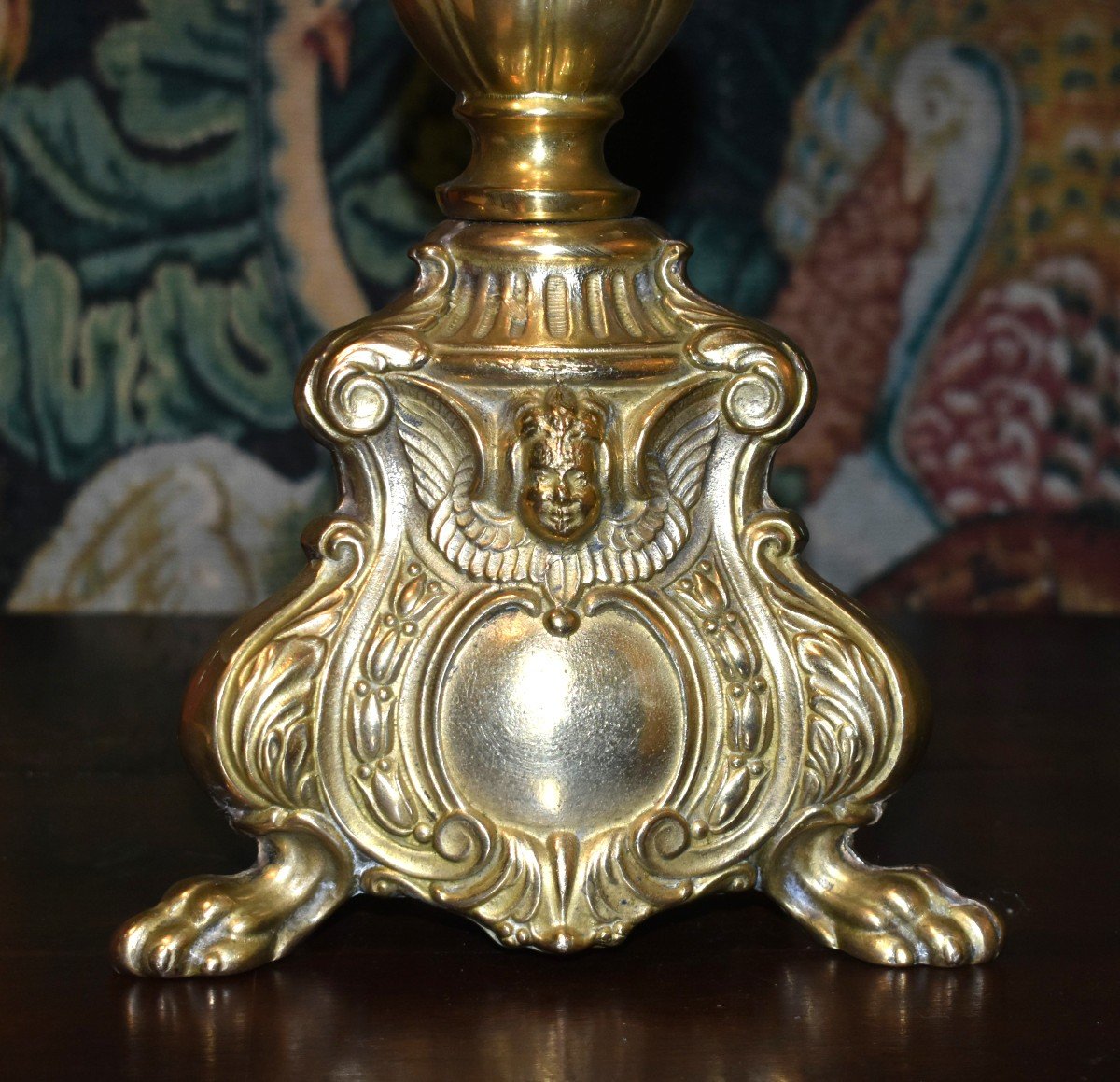 Bronze Candlestick Mounted In Lamp, Cartouche Decor, Winged Angel Head, Acanthus Leaves-photo-5