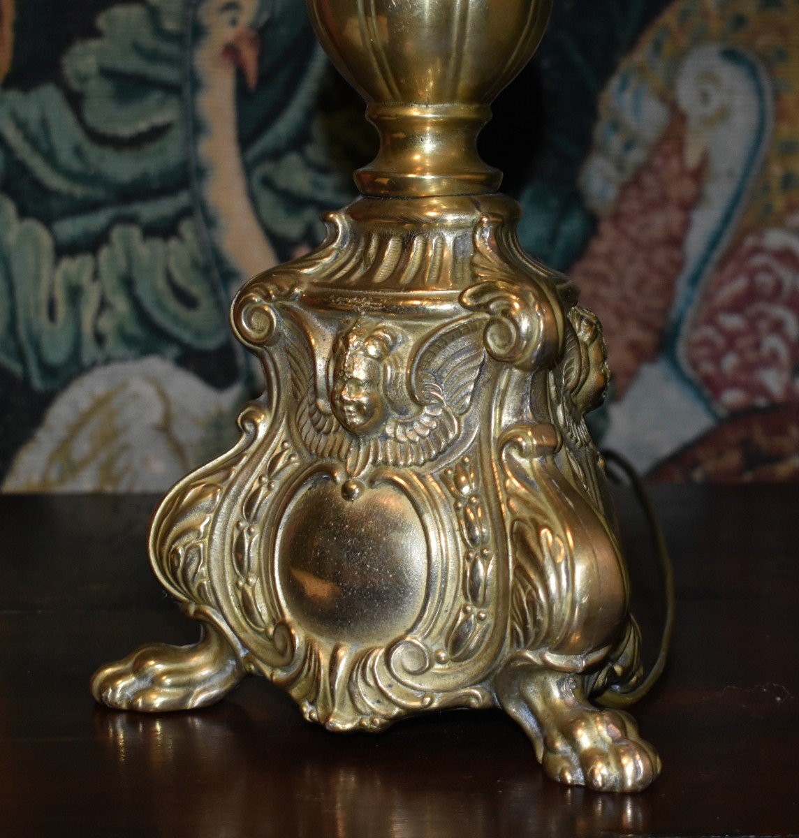 Bronze Candlestick Mounted In Lamp, Cartouche Decor, Winged Angel Head, Acanthus Leaves-photo-6