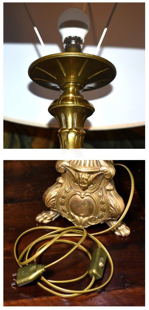 Bronze Candlestick Mounted In Lamp, Cartouche Decor, Winged Angel Head, Acanthus Leaves-photo-7