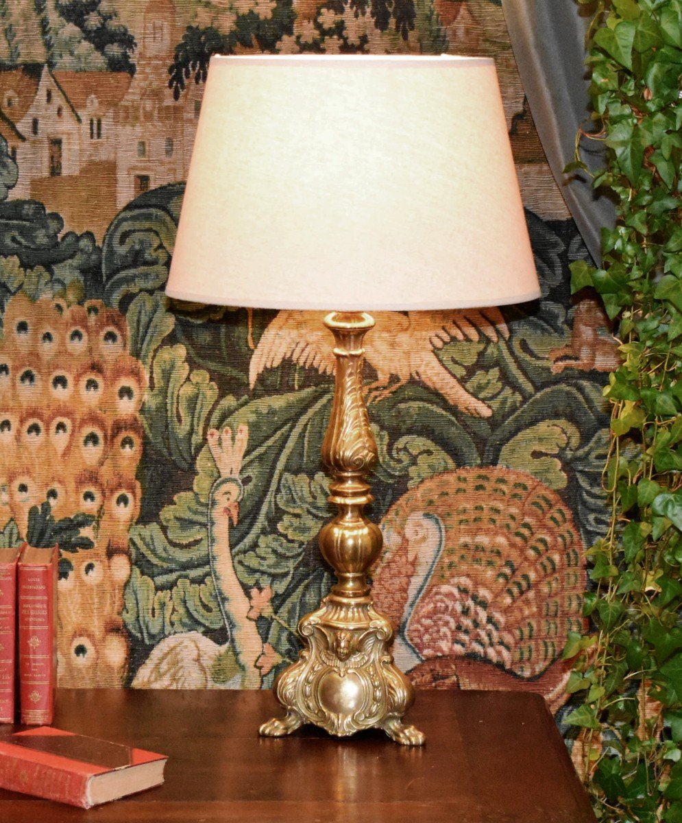 Bronze Candlestick Mounted In Lamp, Cartouche Decor, Winged Angel Head, Acanthus Leaves