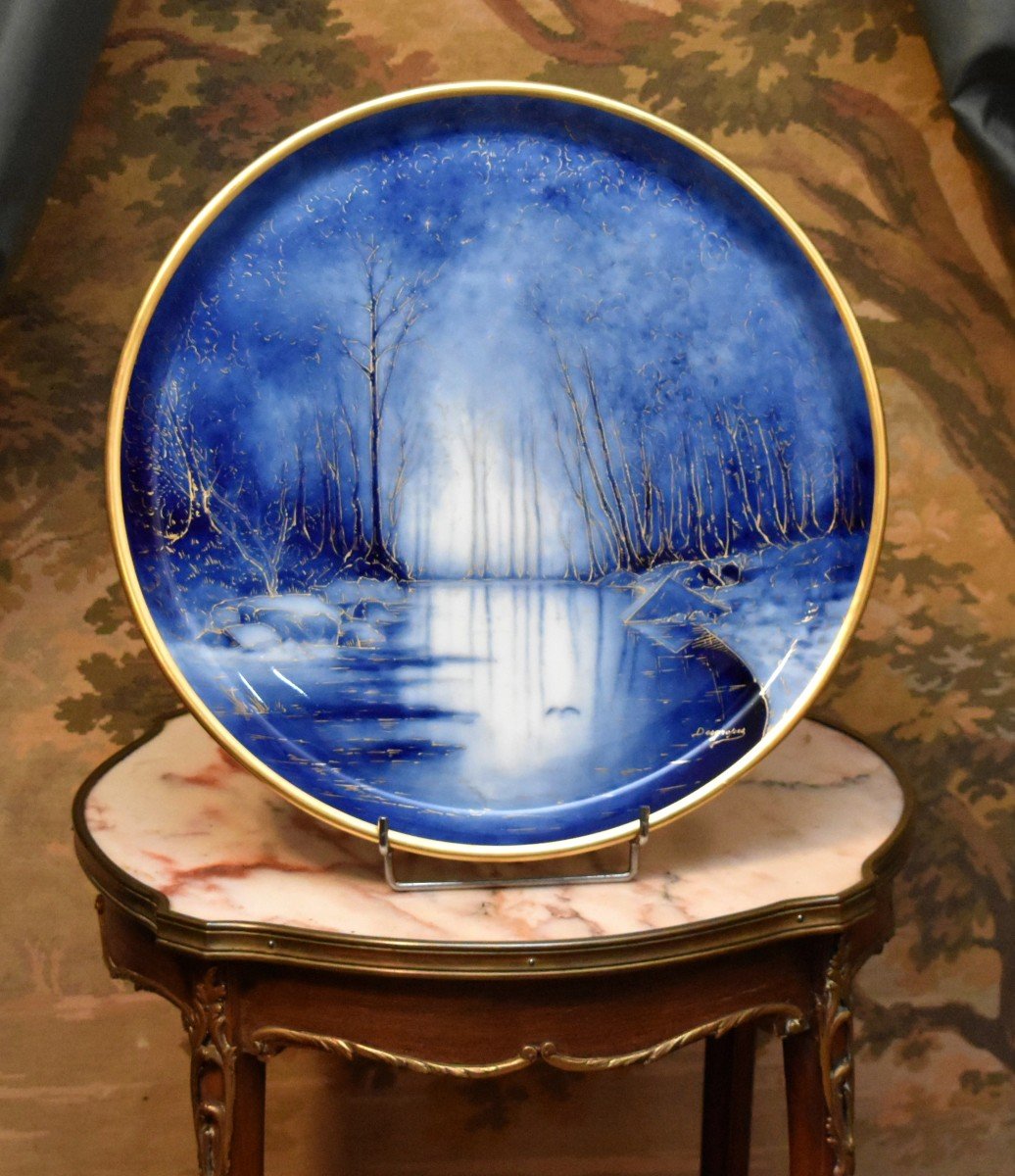 Large Porcelain Dish Decorated In Camïeu Of Blue And Gold By Desgropes - Ateliers Pastaud Limoges-photo-2