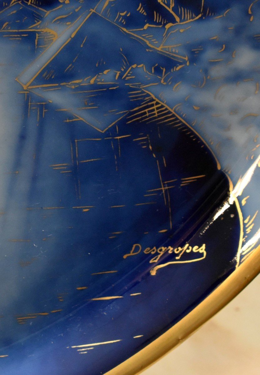 Large Porcelain Dish Decorated In Camïeu Of Blue And Gold By Desgropes - Ateliers Pastaud Limoges-photo-5