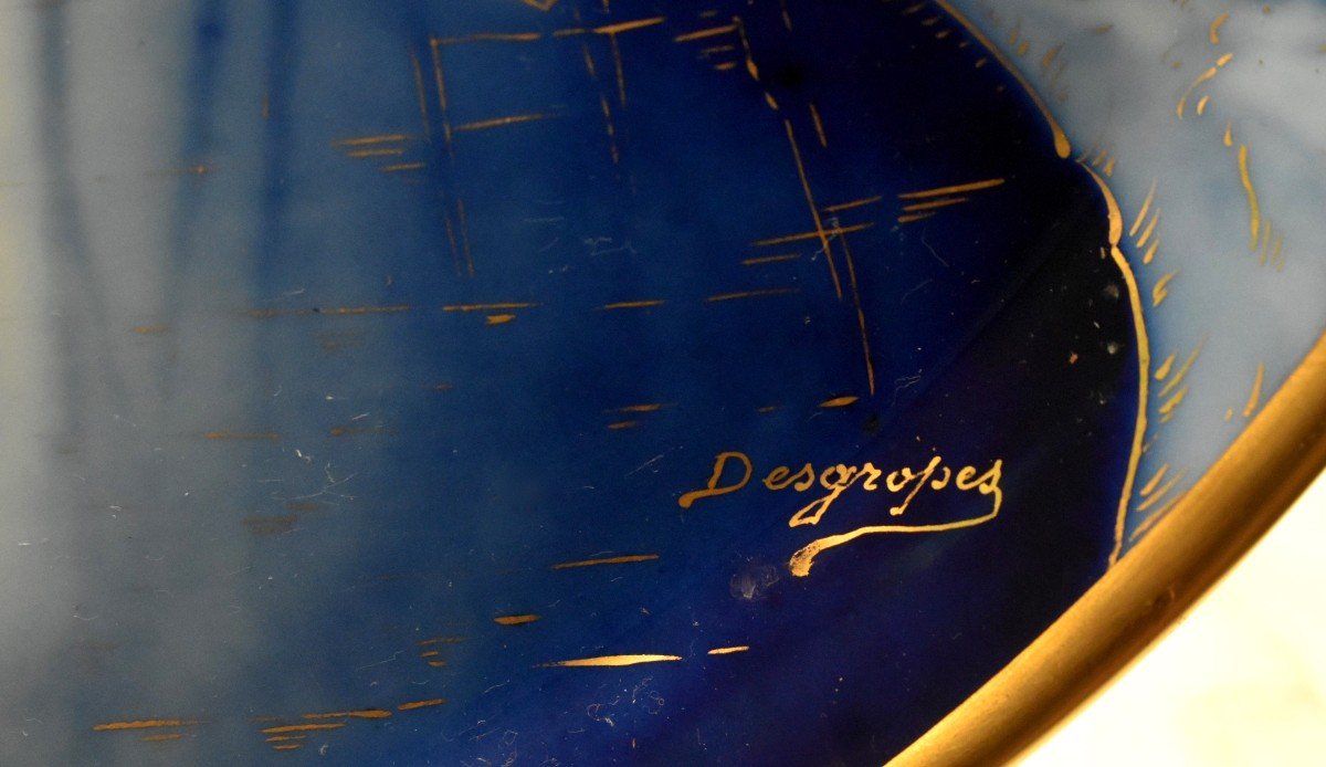 Large Porcelain Dish Decorated In Camïeu Of Blue And Gold By Desgropes - Ateliers Pastaud Limoges-photo-6