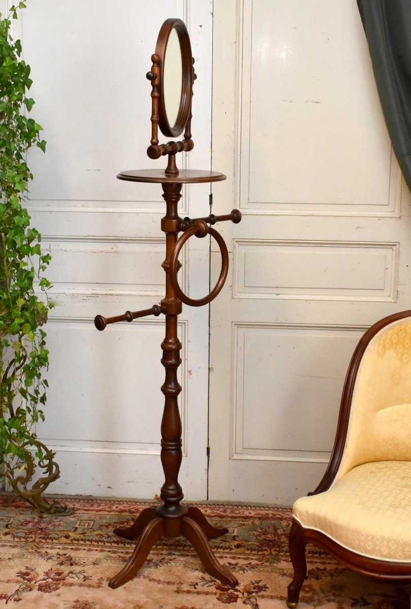Towel Rack, Freestanding Parquet Barber, Varnished Wood Psyche, Quadripod Base-photo-2