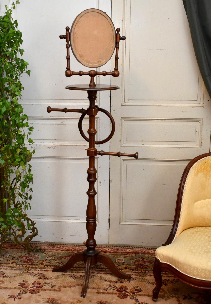 Towel Rack, Freestanding Parquet Barber, Varnished Wood Psyche, Quadripod Base-photo-3
