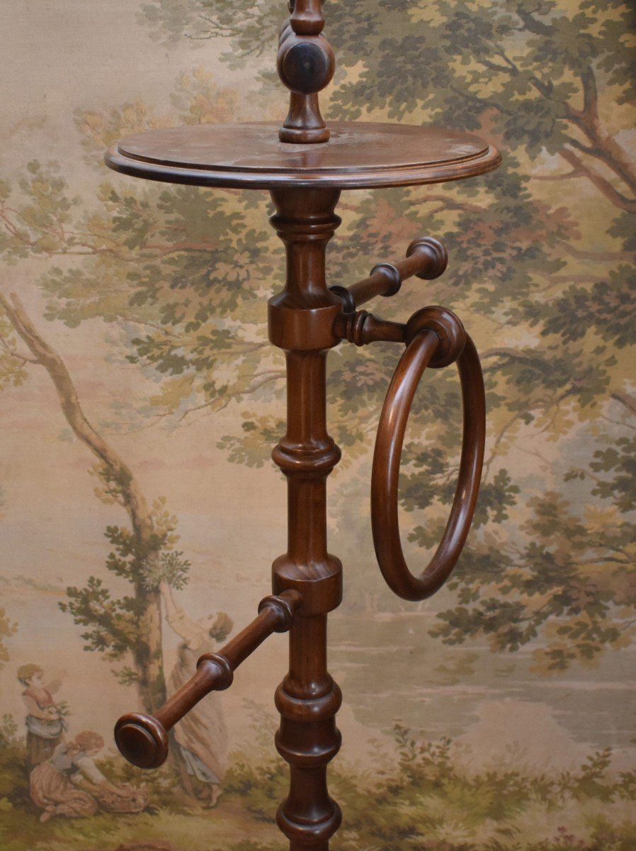 Towel Rack, Freestanding Parquet Barber, Varnished Wood Psyche, Quadripod Base-photo-4