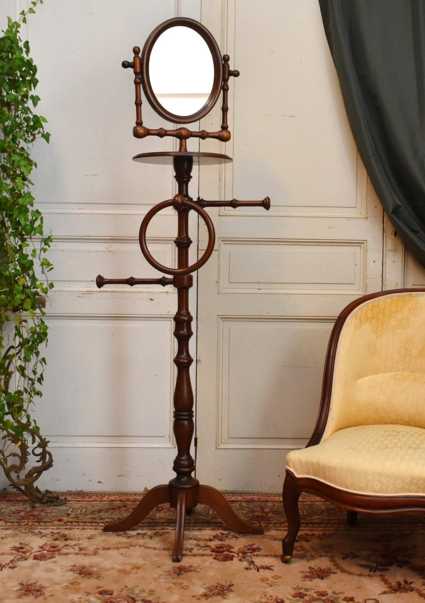 Towel Rack, Freestanding Parquet Barber, Varnished Wood Psyche, Quadripod Base