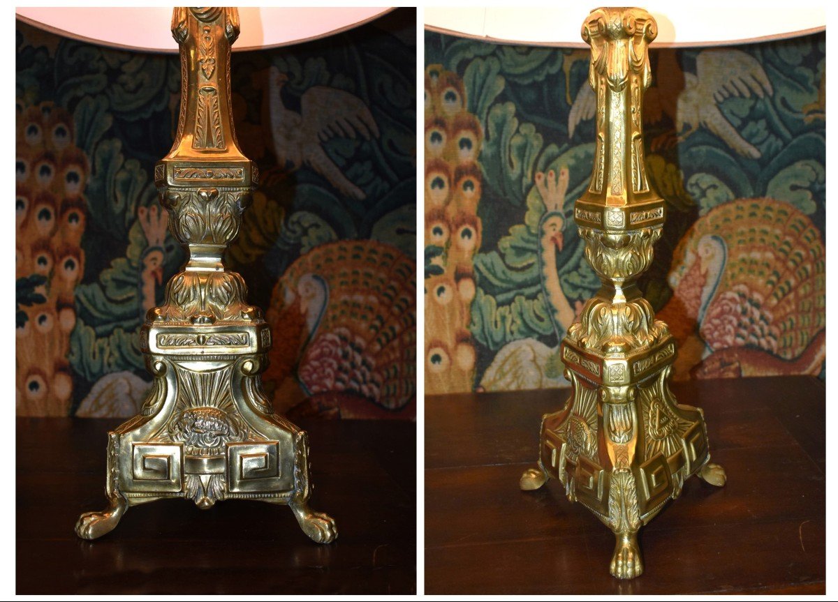 Candlestick In Embossed And Gilded Brass, Mounted As A Lamp, Base With Liturgical Decor, Lampshade -photo-2