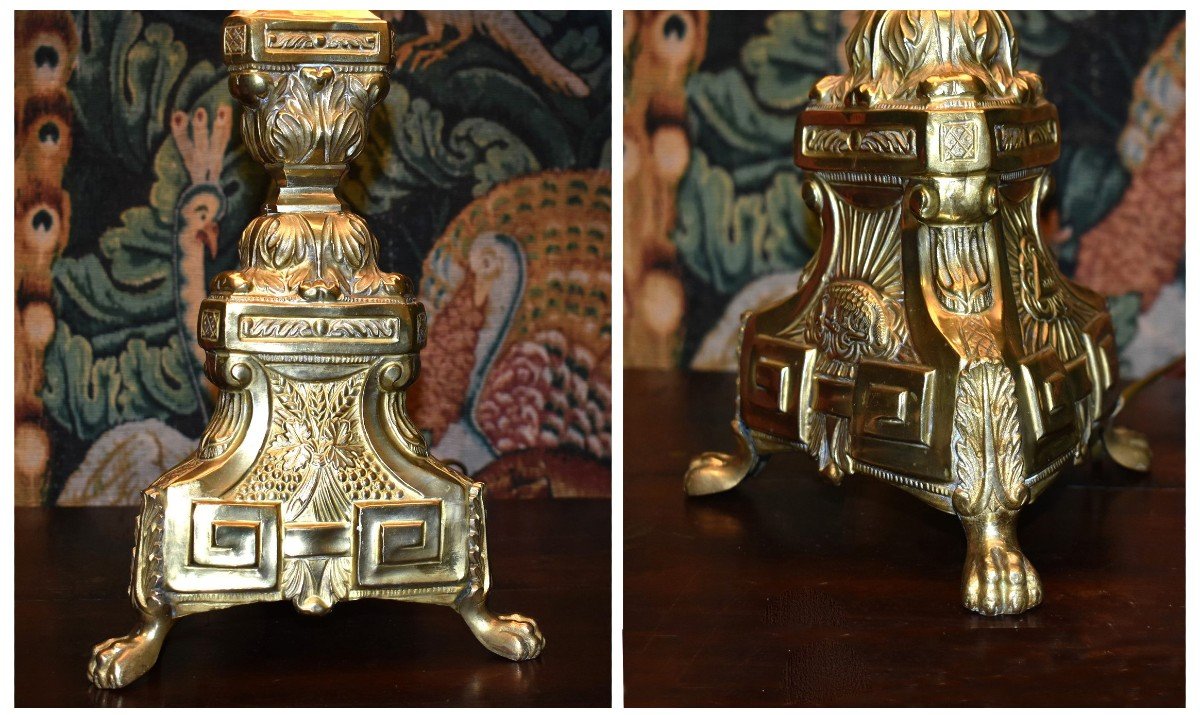 Candlestick In Embossed And Gilded Brass, Mounted As A Lamp, Base With Liturgical Decor, Lampshade -photo-4