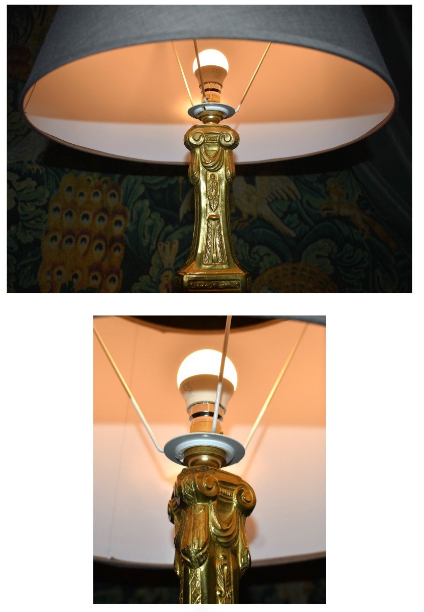 Candlestick In Embossed And Gilded Brass, Mounted As A Lamp, Base With Liturgical Decor, Lampshade -photo-6