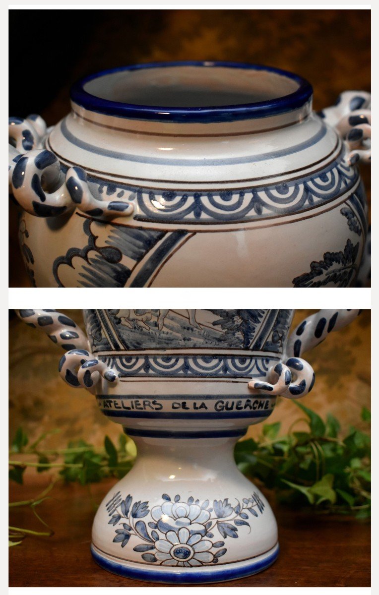 Grand Pot Couvert , Vase En Faïence De Jean  Montagnon à Nevers, Décor Scènes Animées Camaïeu Bleu-photo-5