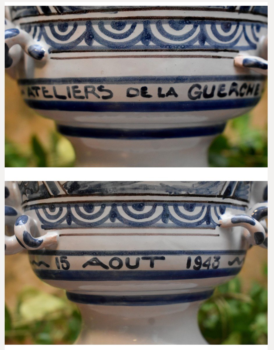 Grand Pot Couvert , Vase En Faïence De Jean  Montagnon à Nevers, Décor Scènes Animées Camaïeu Bleu-photo-6
