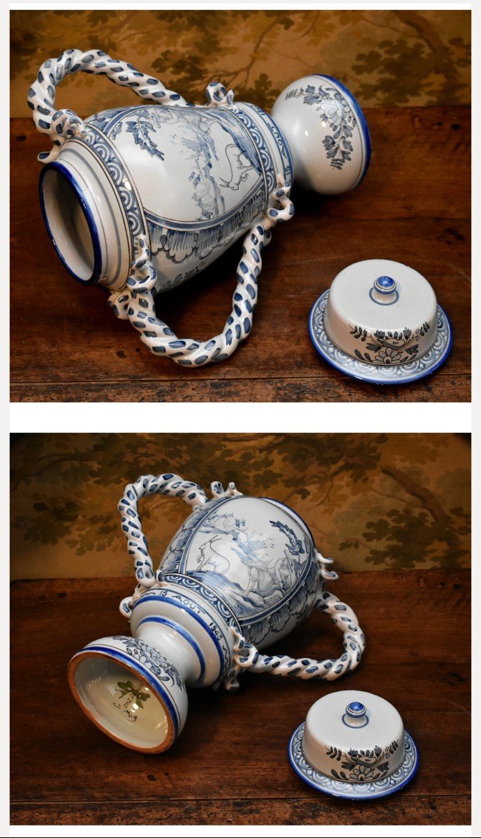 Grand Pot Couvert , Vase En Faïence De Jean  Montagnon à Nevers, Décor Scènes Animées Camaïeu Bleu-photo-7