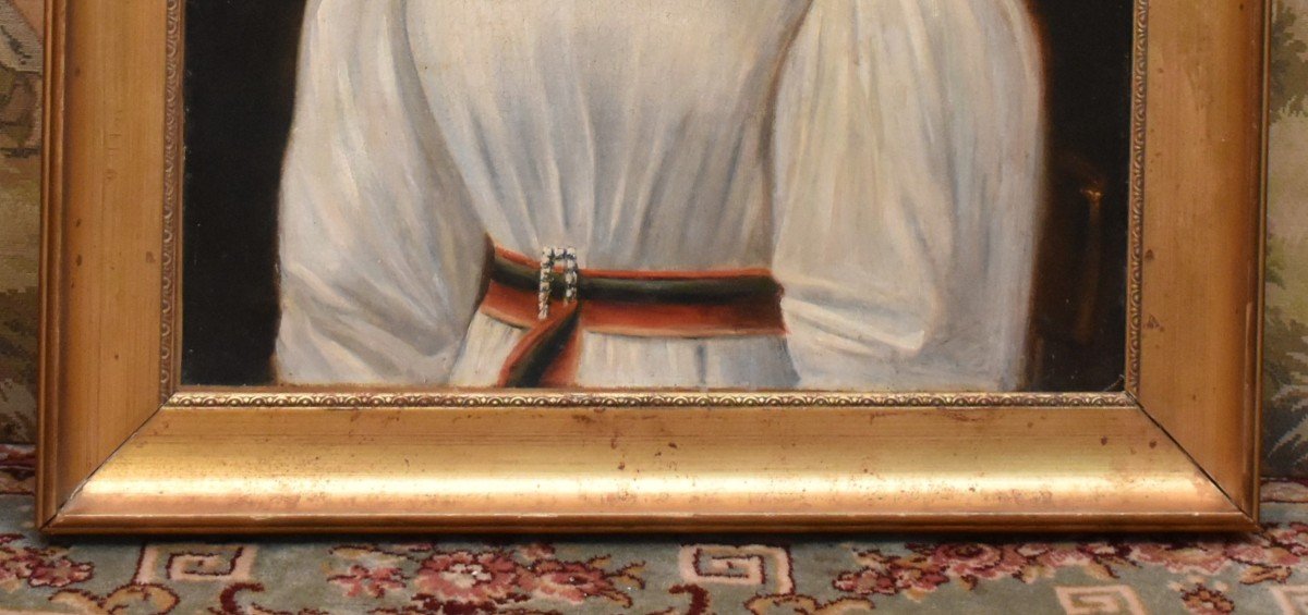 Portrait  Jeune Femme, Elégante Jeune Fille  à La Robe Blanche, Tableau Ecole Française Du XIXe-photo-7