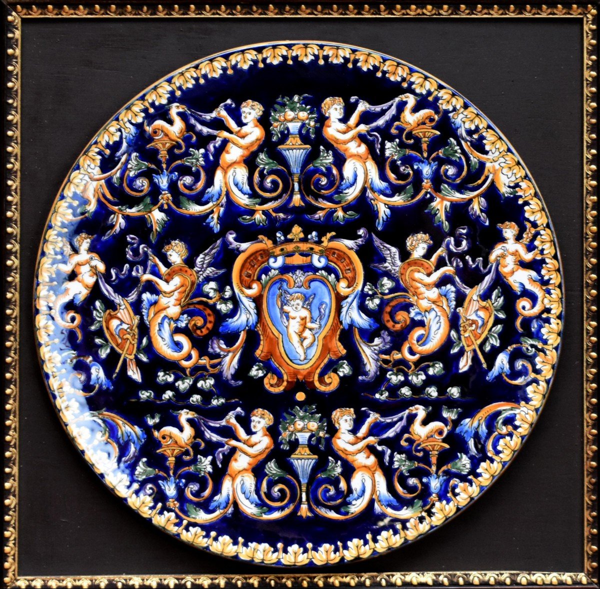  Large Decorative Dish In Gien Earthenware Italian Renaissance Model, Blackened Wooden Frame;-photo-3