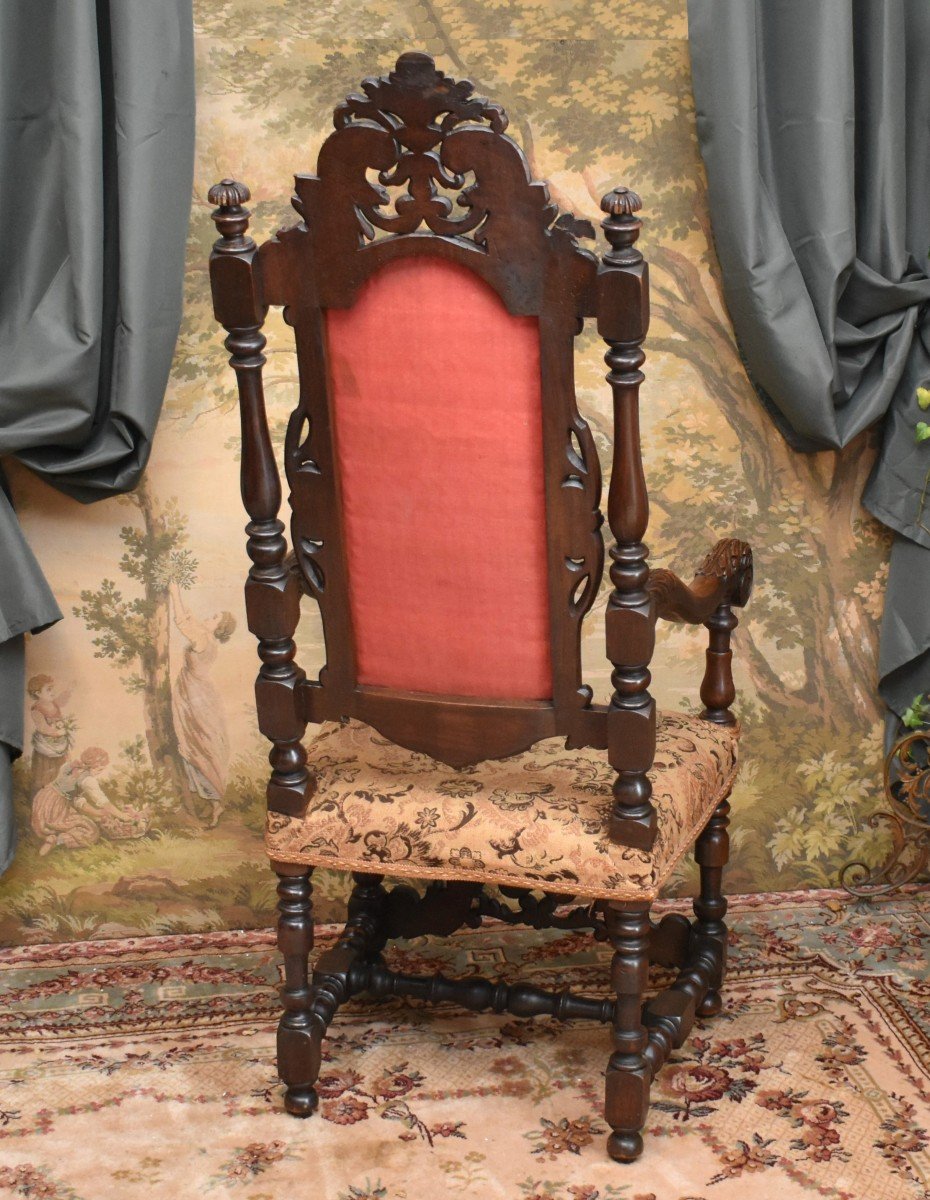 Important Neo-renaissance Style Armchair In Solid Walnut, Openwork Carved Ceremonial Seat-photo-3