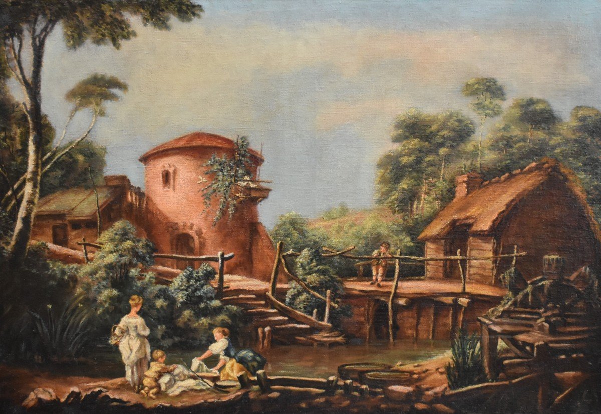 Animated Countryside Landscape, 19th Century French School In The Taste Of The 18th Century, Countryside Painting