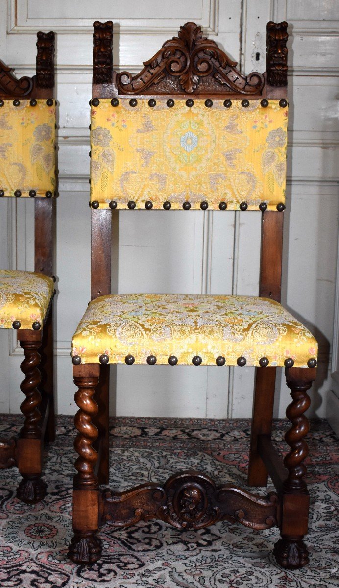 Pair Of Neo Renaissance Style Chairs - Neo Louis XIII In Solid Walnut, Antique Warrior-photo-4