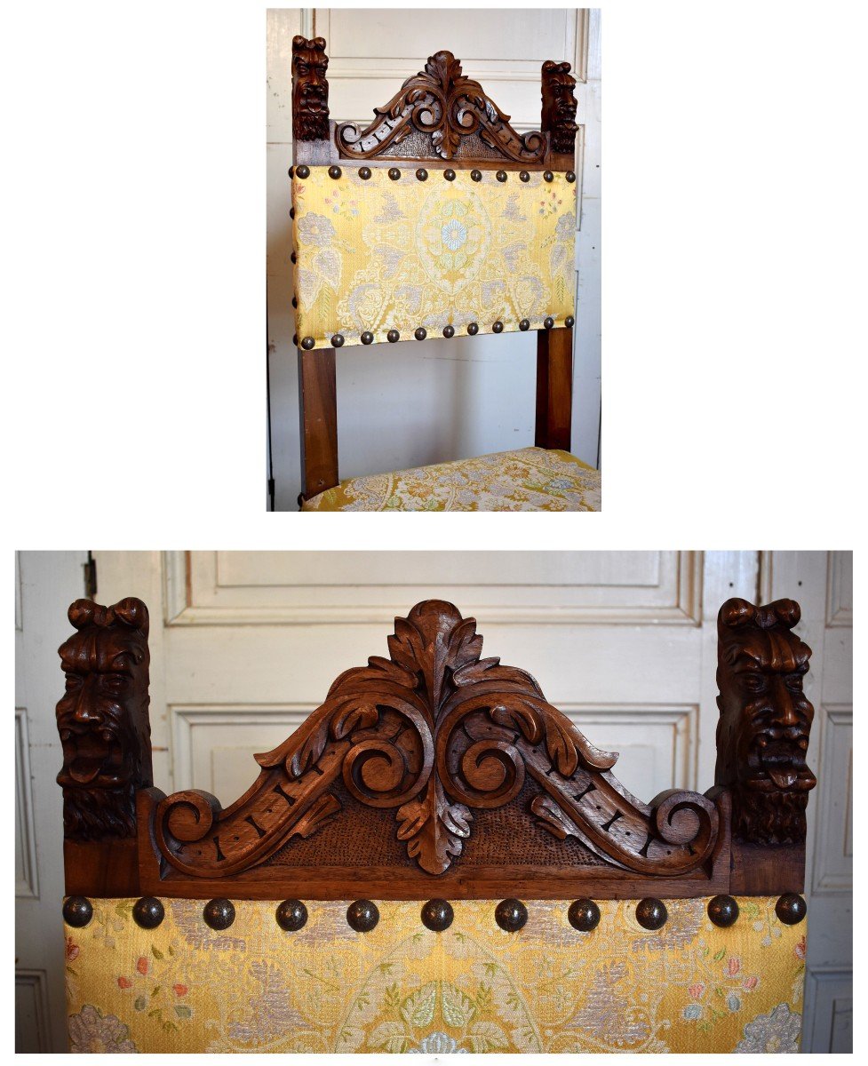 Pair Of Neo Renaissance Style Chairs - Neo Louis XIII In Solid Walnut, Antique Warrior-photo-5