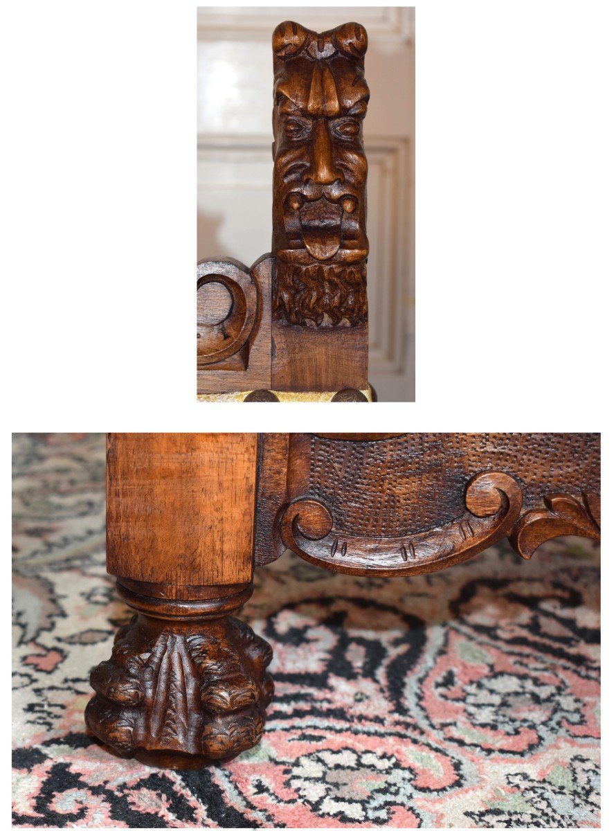Pair Of Neo Renaissance Style Chairs - Neo Louis XIII In Solid Walnut, Antique Warrior-photo-6