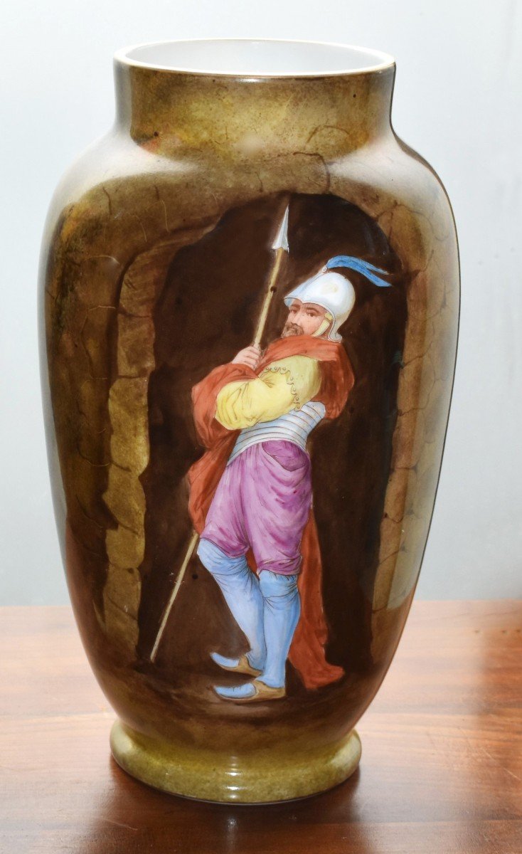 Pair Of Opaline Glass Vases, Opaline Decorated With Renaissance Soldiers, Lance And Halberd-photo-4