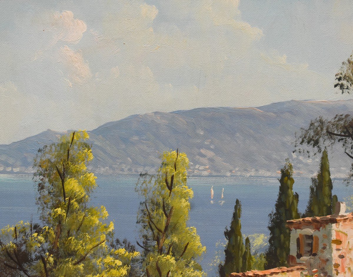 Mediterranean Landscape Painting, Seaside, Oil On Canvas Framed-photo-4