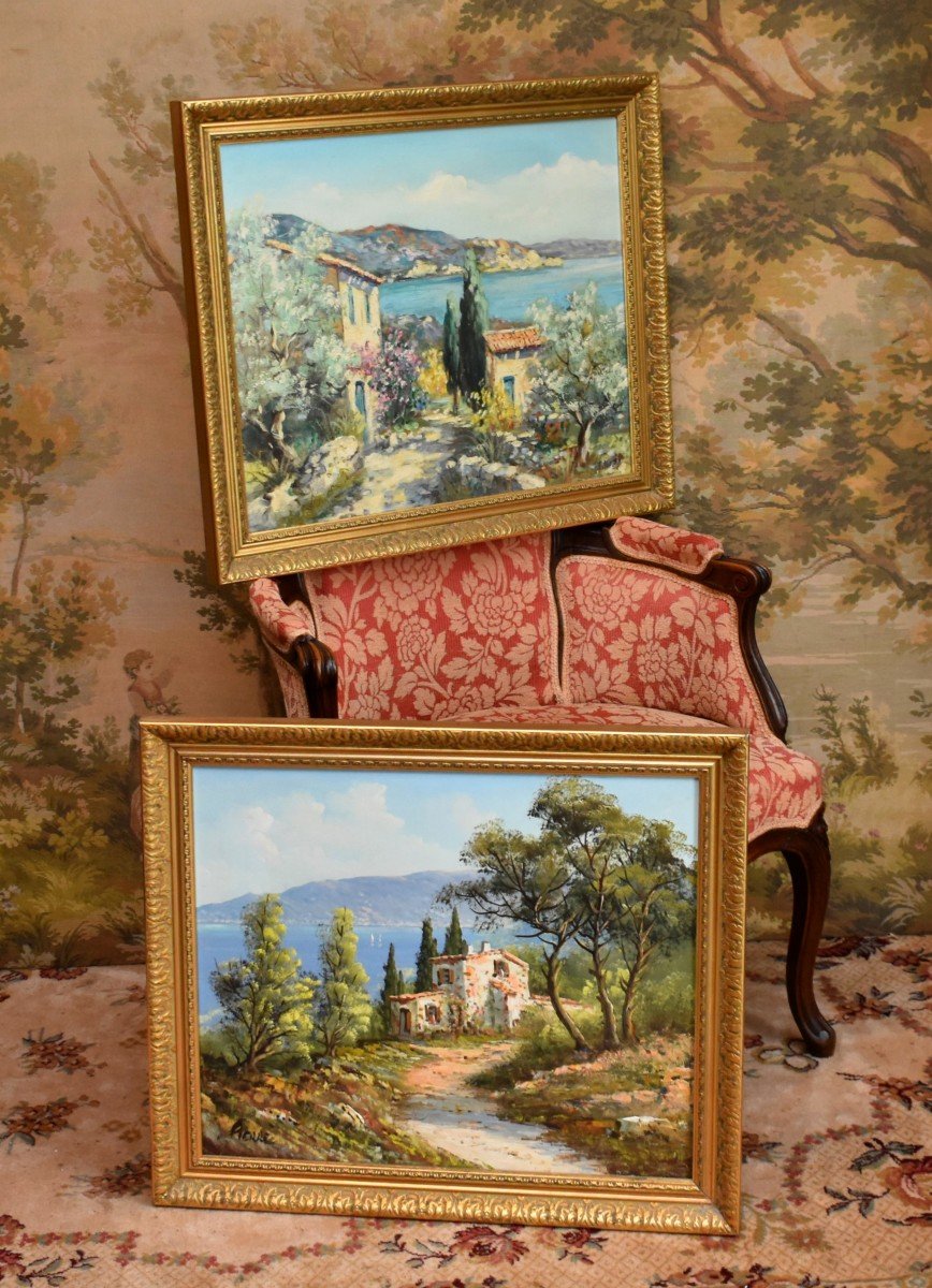 Mediterranean Landscape Painting, Seaside, Oil On Canvas Framed-photo-7
