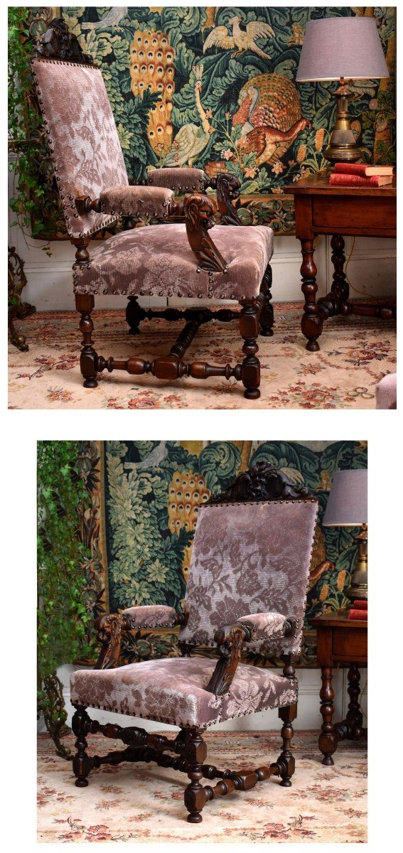 Paire De Fauteuils d'Apparat De Style Renaissance,  Sièges  XIXe En Noyer Massif, Tissu Velours-photo-3