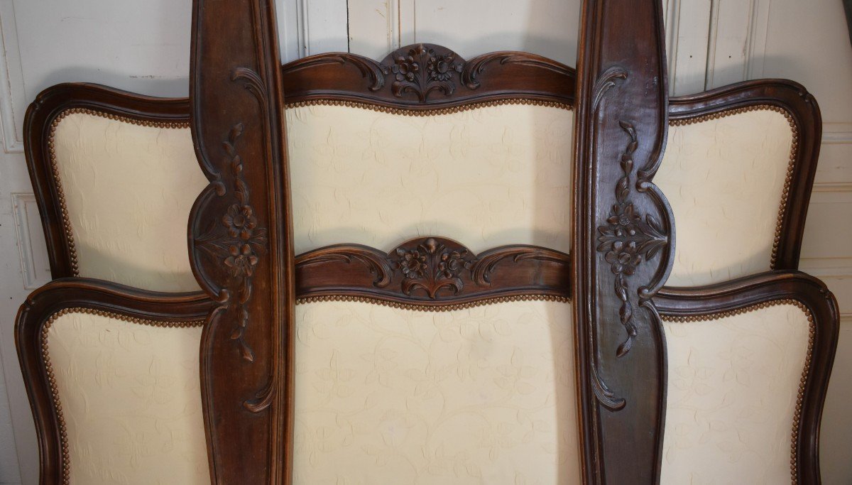 Louis XV Style Padded Bed, In Natural Wood And Redone Upholstery And Finishing Fabric-photo-1