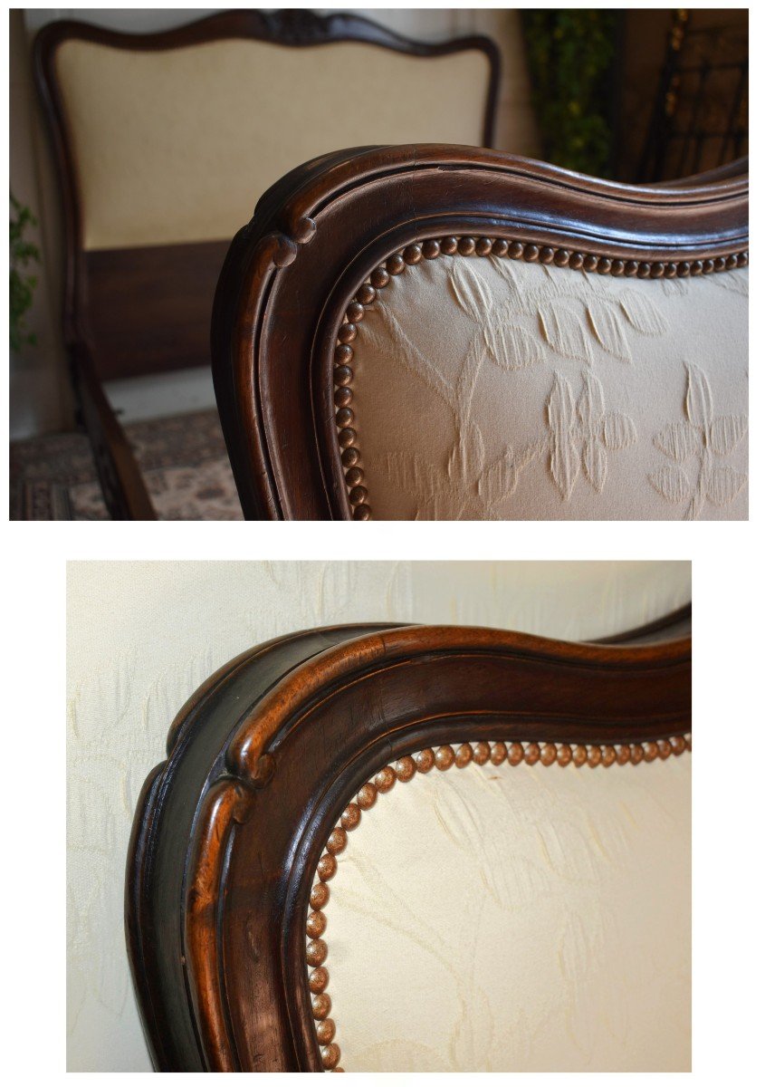 Louis XV Style Padded Bed, In Natural Wood And Redone Upholstery And Finishing Fabric-photo-2