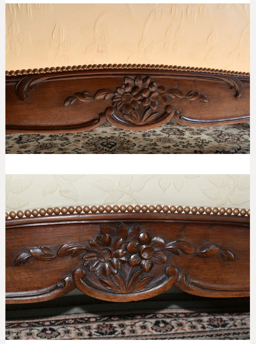 Louis XV Style Padded Bed, In Natural Wood And Redone Upholstery And Finishing Fabric-photo-4