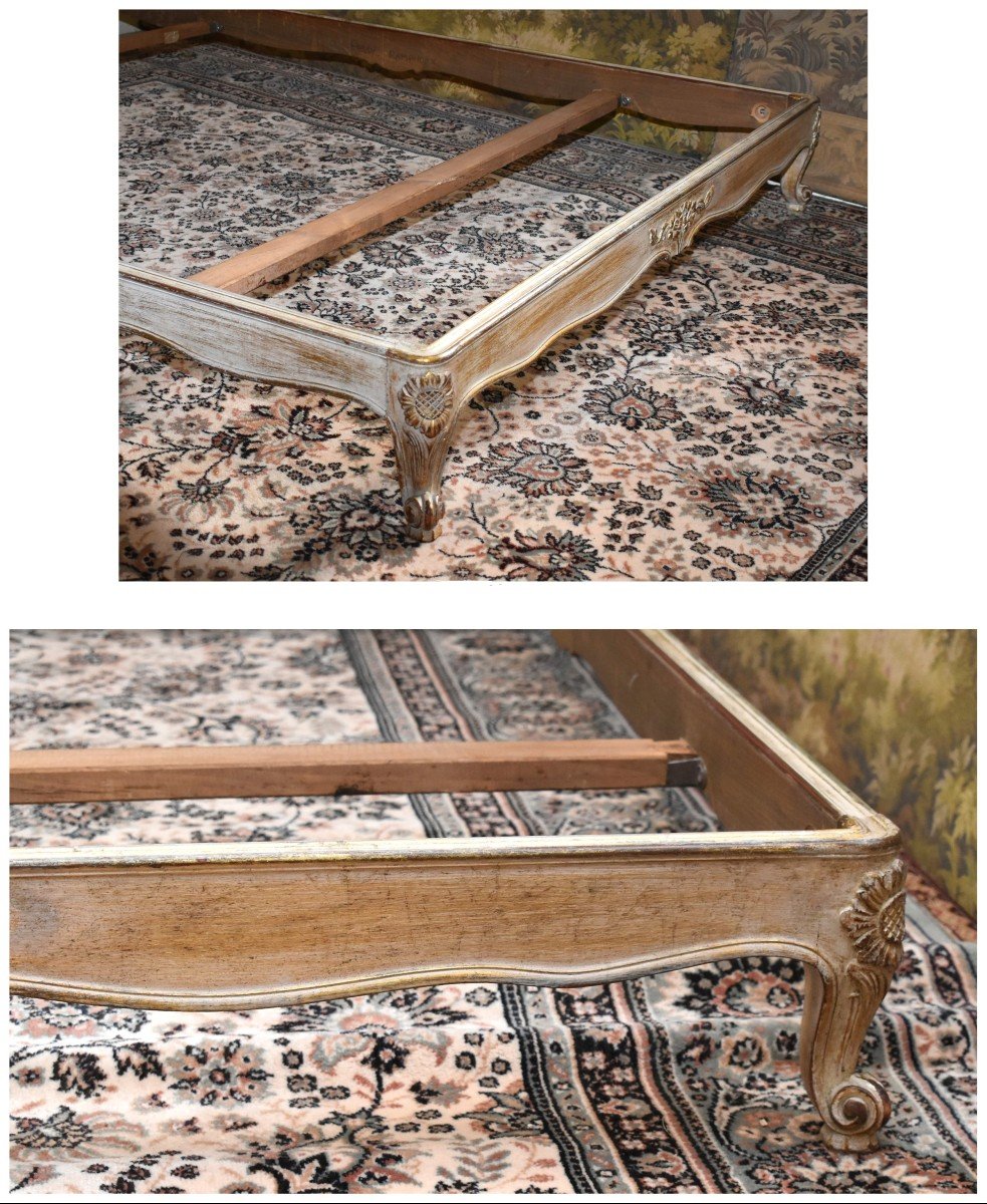 Louis XV Style Bed, Cream Lacquered And Remoulded In Old Gold, Canework, Cane Headboard.-photo-2