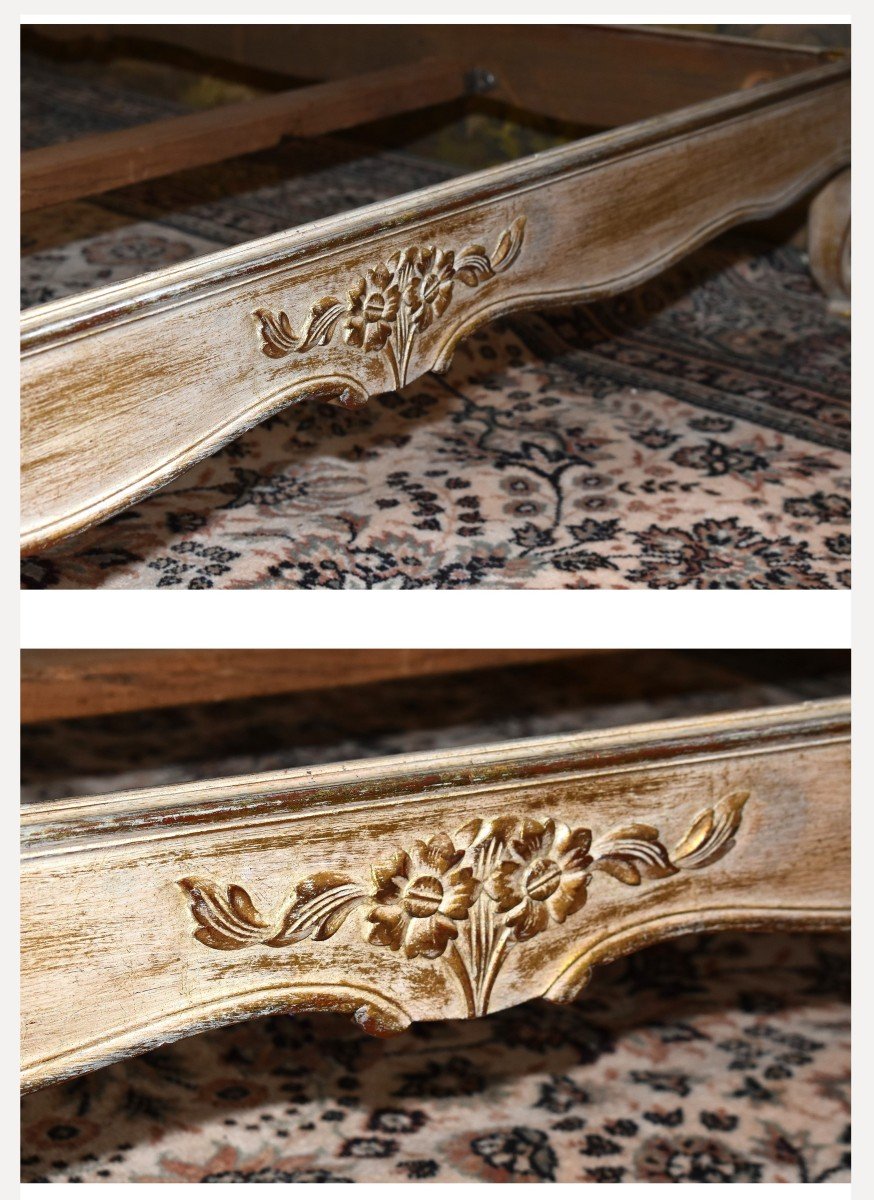 Louis XV Style Bed, Cream Lacquered And Remoulded In Old Gold, Canework, Cane Headboard.-photo-4