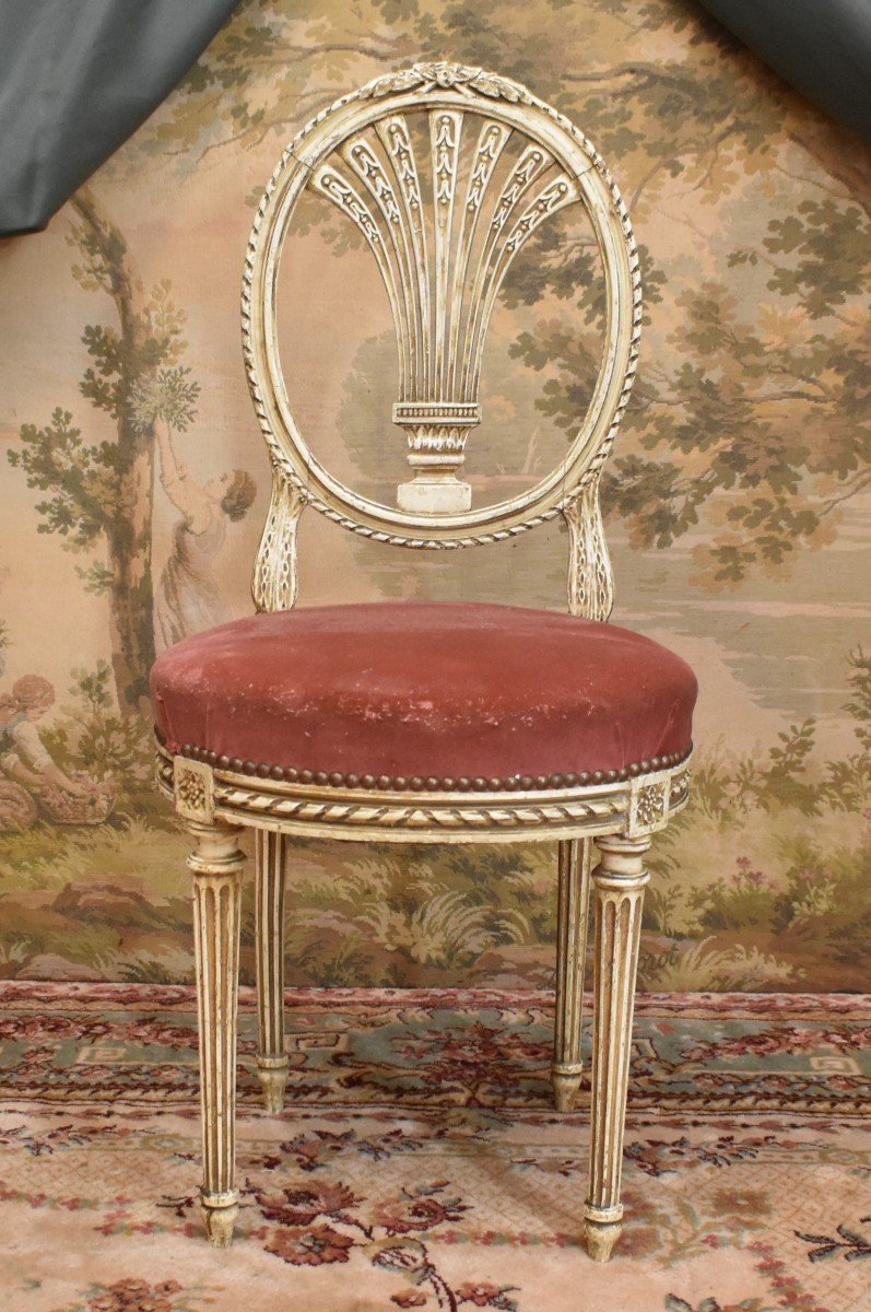 Chaise  En Bois Laqué Crème de style Louis XVI , Dossier En Montgolfière, époque Napoléon III .-photo-3