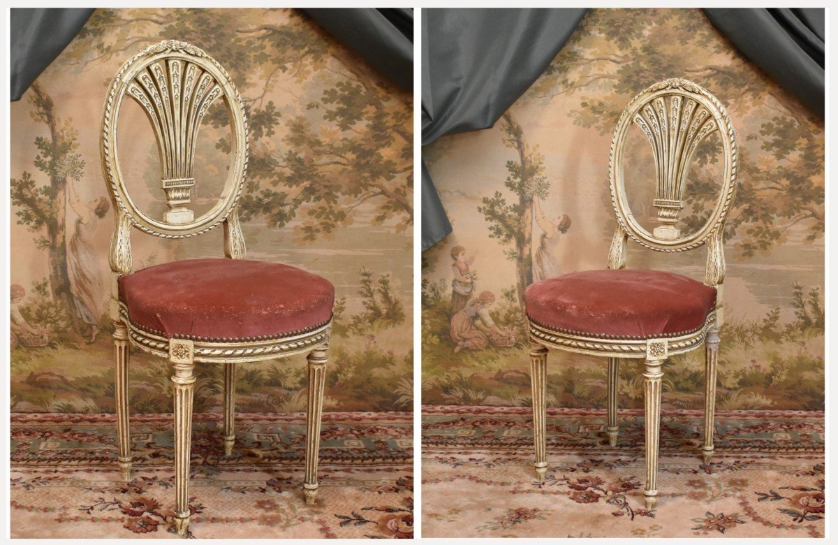 Chaise  En Bois Laqué Crème de style Louis XVI , Dossier En Montgolfière, époque Napoléon III .-photo-4