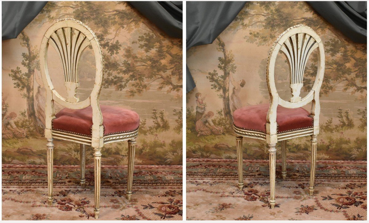 Chaise  En Bois Laqué Crème de style Louis XVI , Dossier En Montgolfière, époque Napoléon III .-photo-1