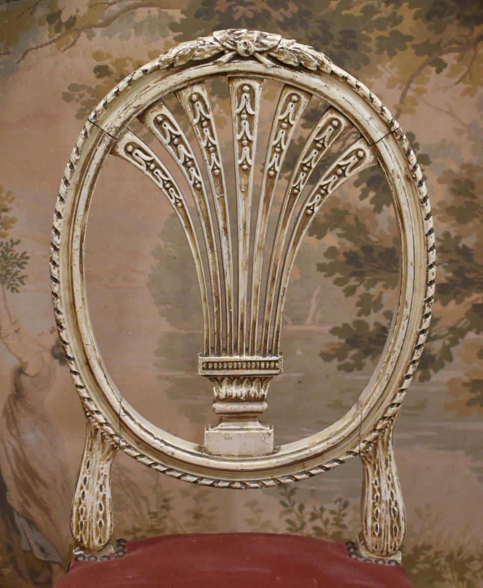 Chaise  En Bois Laqué Crème de style Louis XVI , Dossier En Montgolfière, époque Napoléon III .-photo-2
